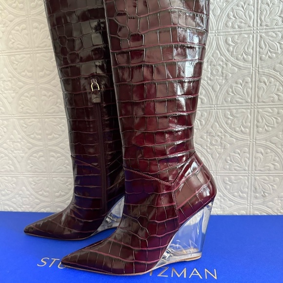 Stuart Weitzman LUCITE 100 WEDGE BOOT AS SEEN ON KIM KARDASHIAN Size 7.5 Plum - Picture 7 of 11